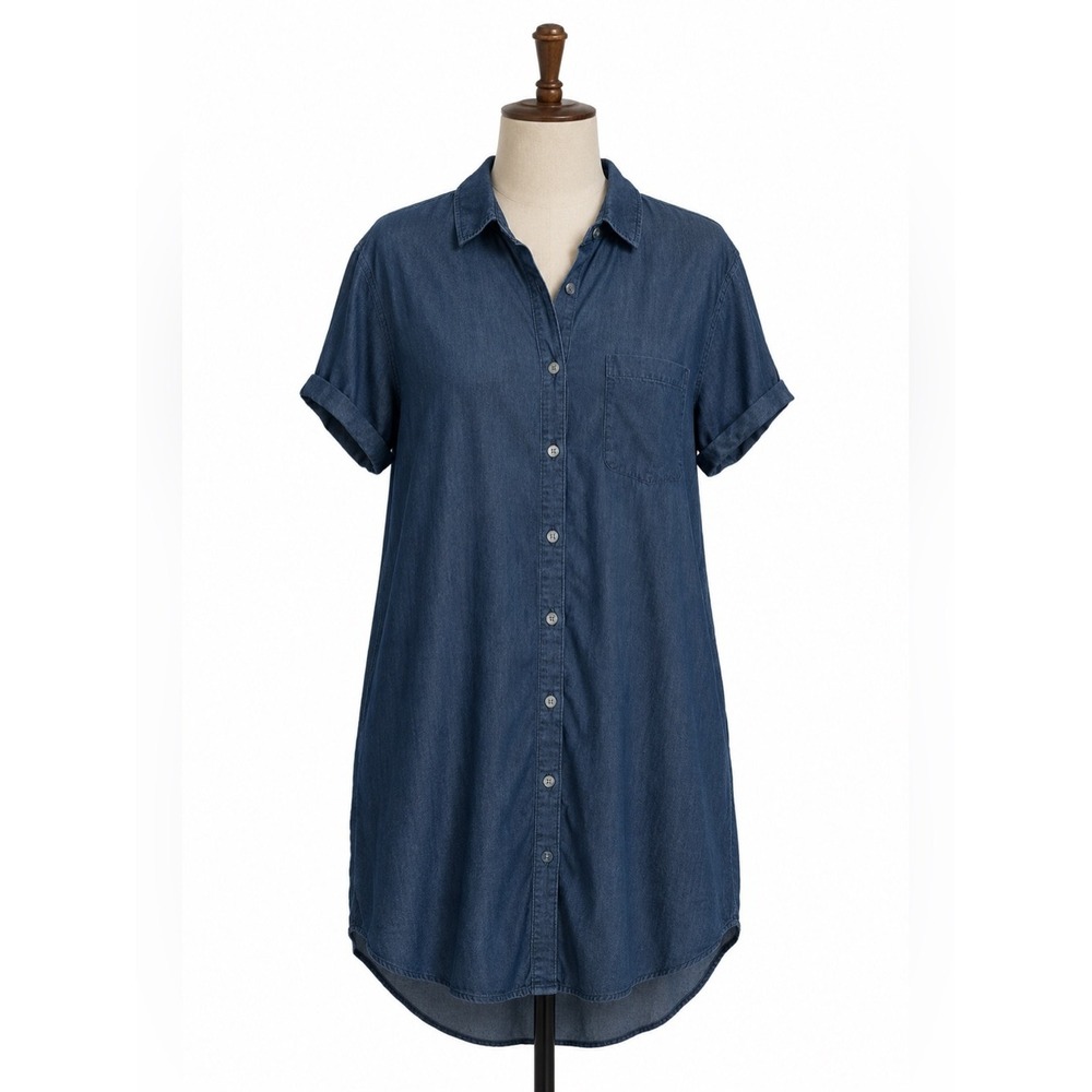JustFab Chambray Shirt Dress Women Medium Blue Short Sleeve Button Down Pockets